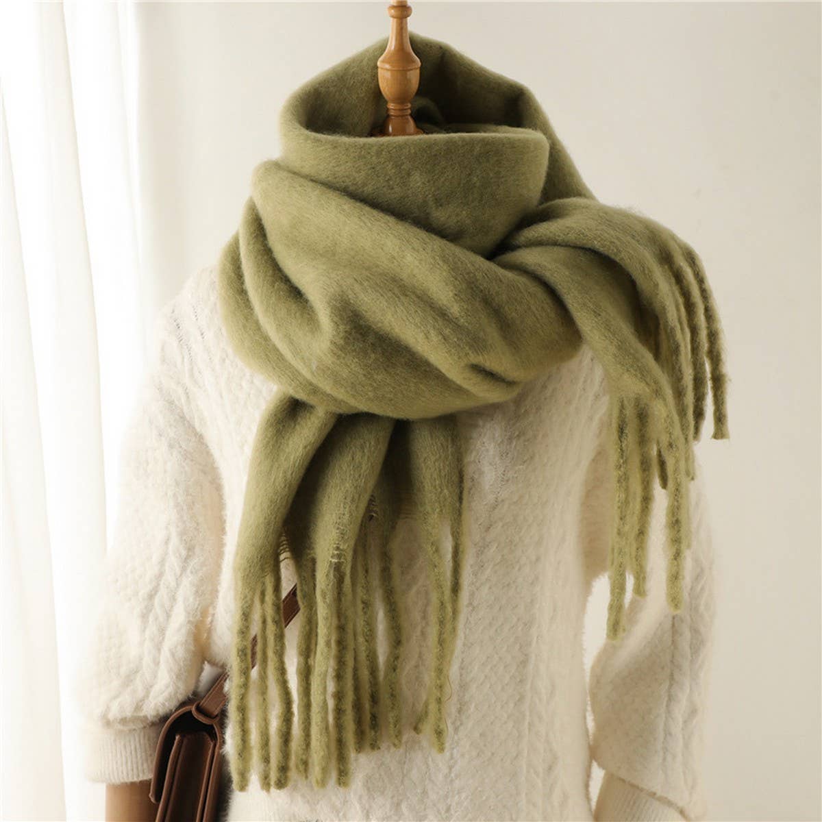 Pistachio Mohair Tassel Scarf for Winter