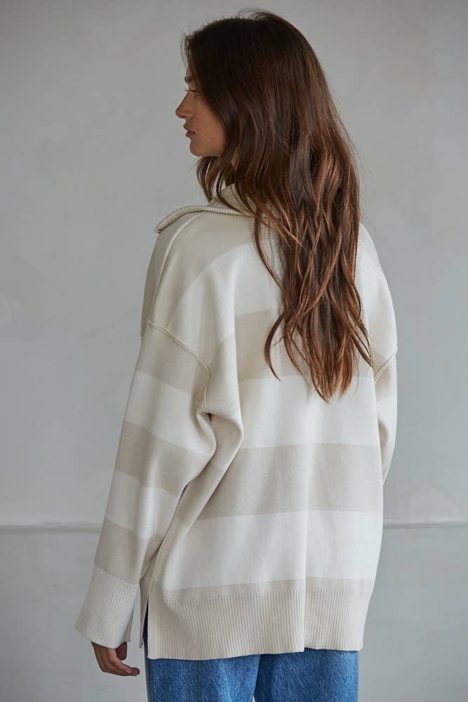 Pearl Knit Striped Turtleneck Half Zip Up