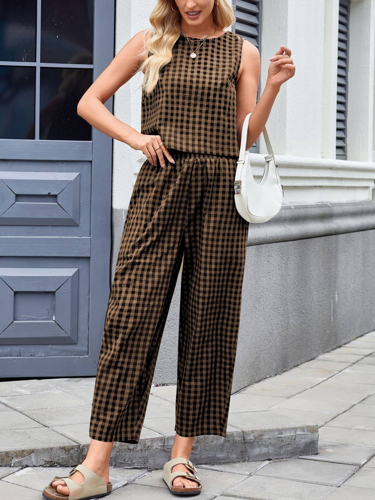 Gingham Tank Top & Wide Leg Pants Set