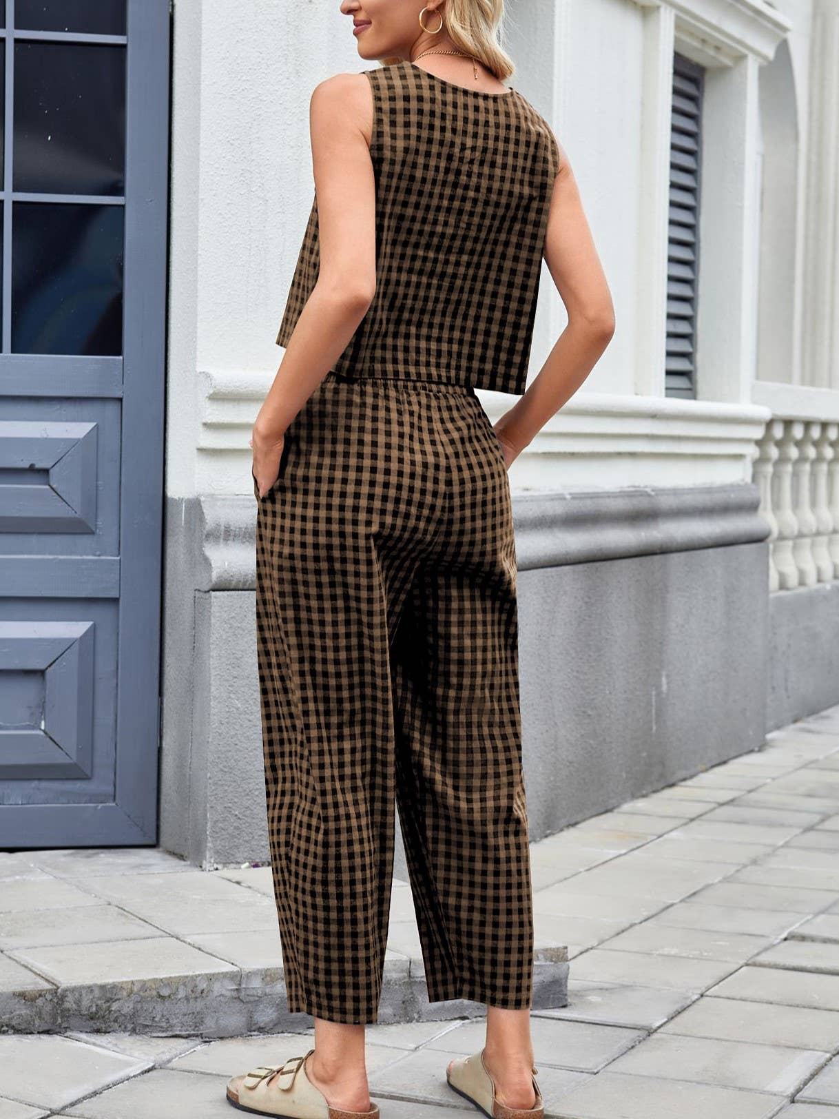 Gingham Tank Top & Wide Leg Pants Set