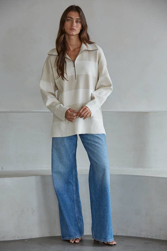 Pearl Knit Striped Turtleneck Half Zip Up