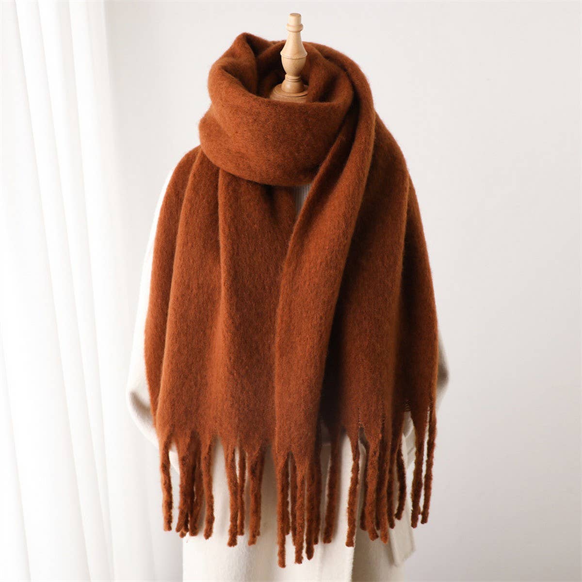 Coffee Mohair Tassel Scarf for Winter