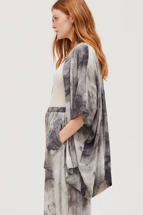 Tie Dye Satin Kimono - Smoke