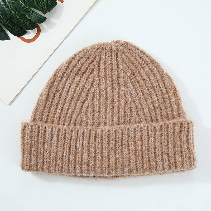 Coffee Simple Ribbed Cuffed Knit Beanie