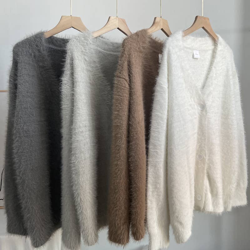 Mohair Style Button-down sweater Cardigan: Taupe