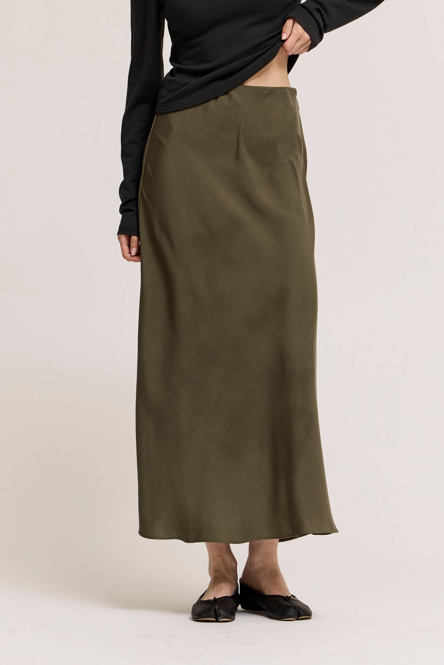 Dylan Sage Satin Flared Long Skirt