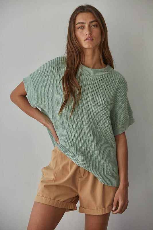 Mint Knit Sweater Cotton Short Sleeve Pullover