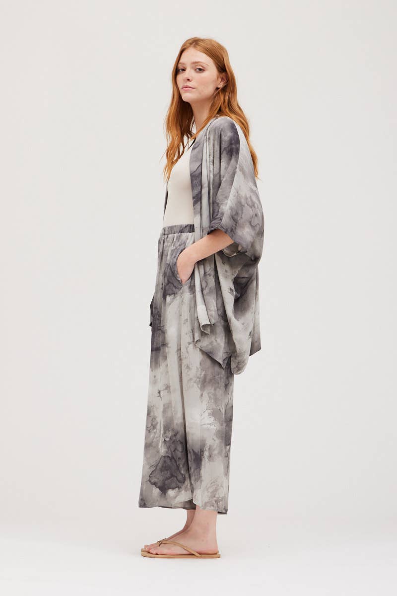 Tie Dye Satin Kimono - Smoke