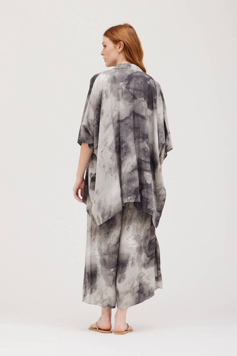 Tie Dye Satin Kimono - Smoke