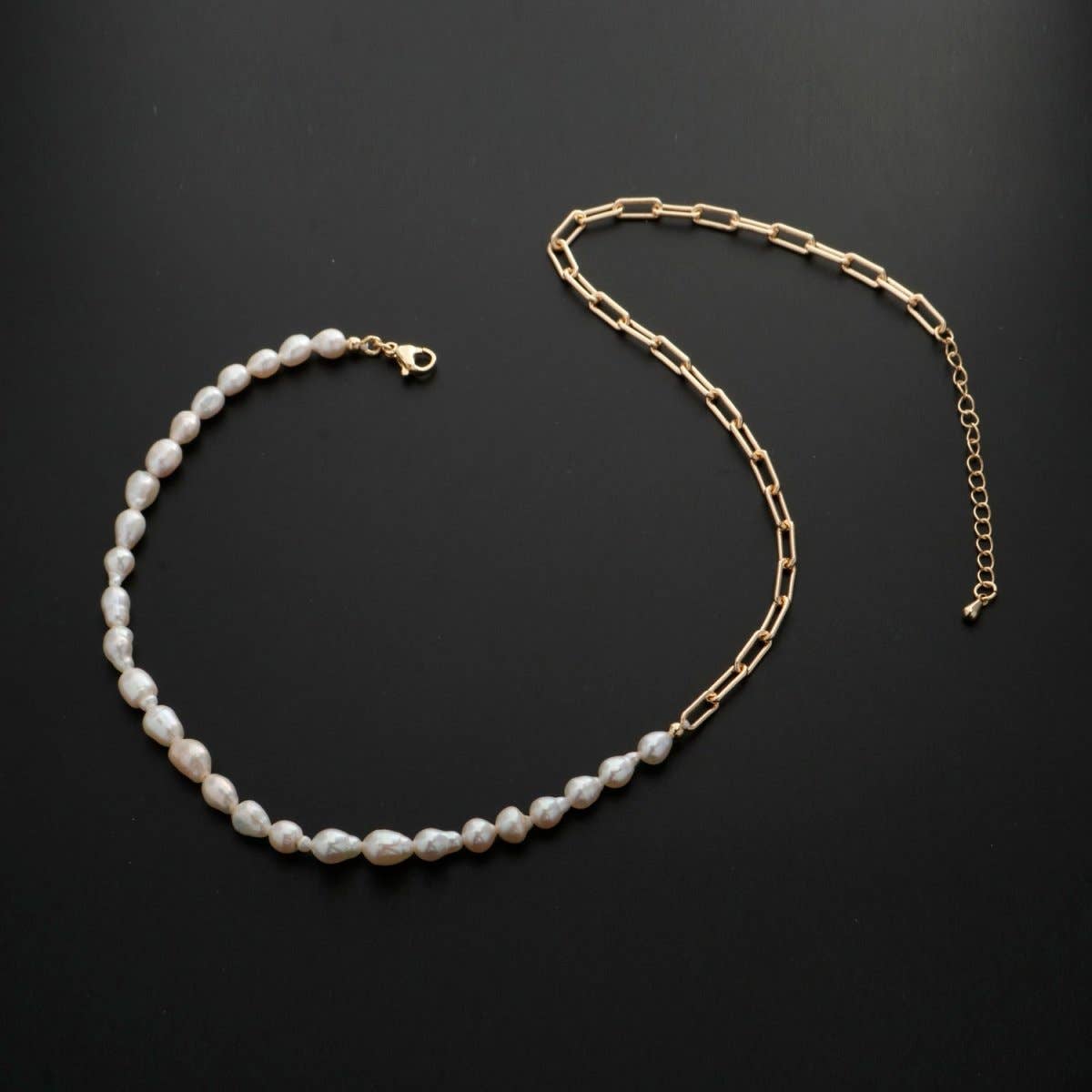 Freshwater Pearl Half Chain Necklace Paper Clip Link | 18k Filled