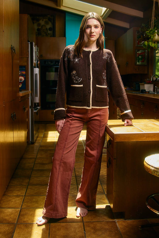 Western Star Embroidered Contrast Trim Cardigan