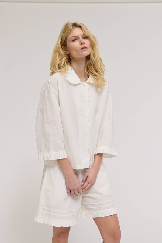 Dorinne 100% Cotton Button Up Ruffle Top