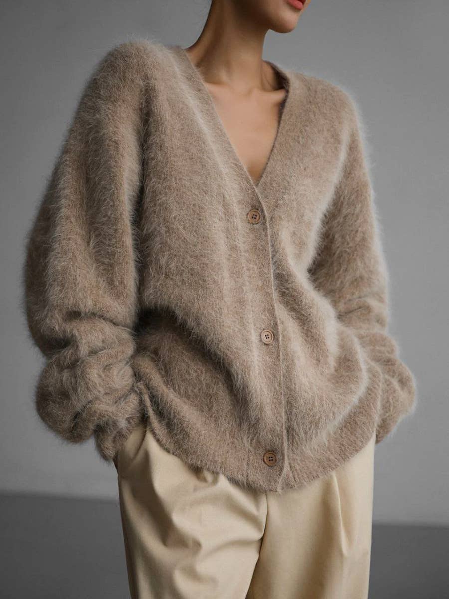 Mohair Style Button-down sweater Cardigan: Taupe