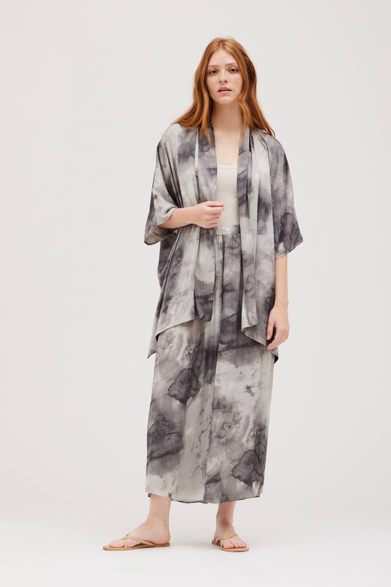 Tie Dye Satin Kimono - Smoke