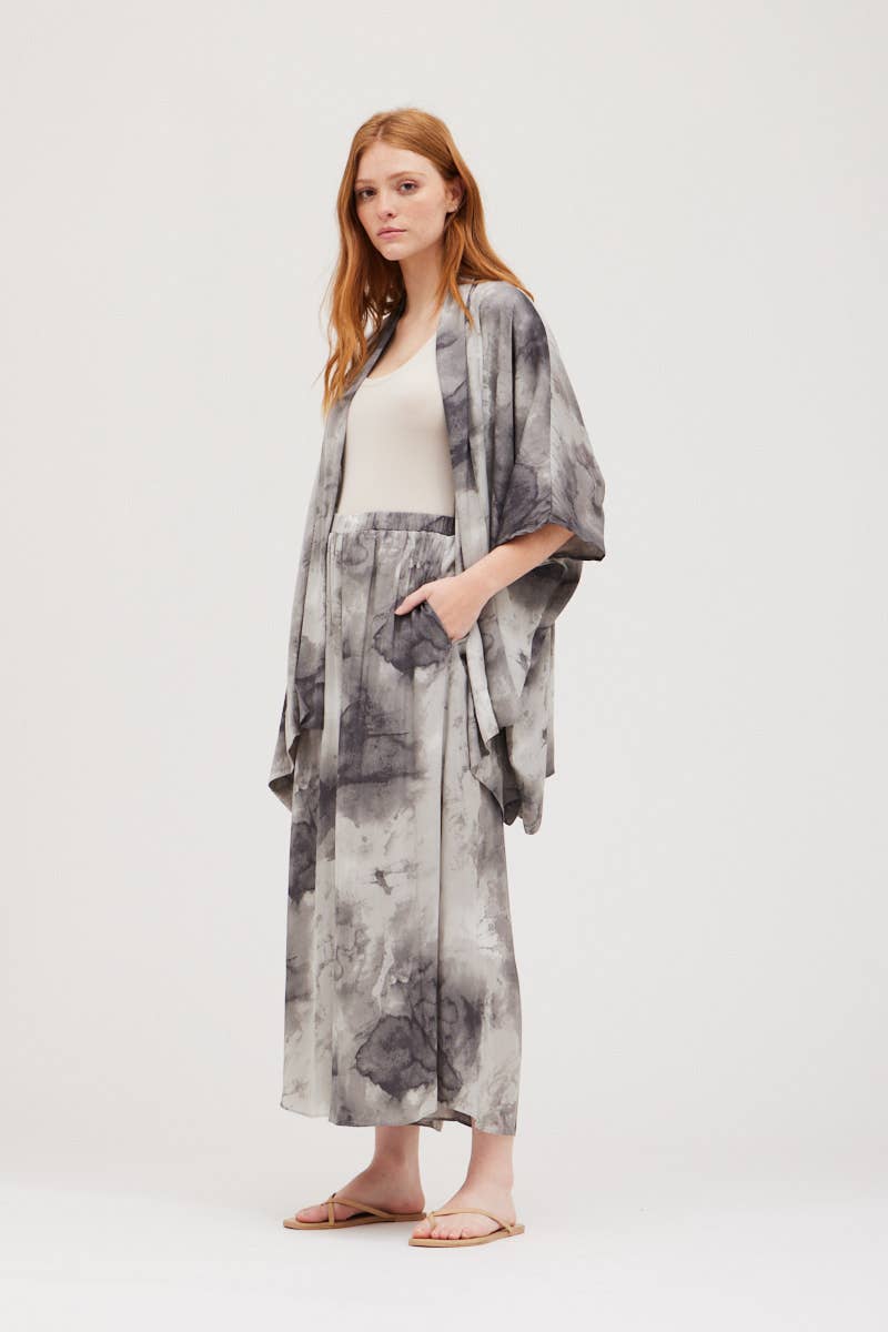 Tie Dye Satin Kimono - Smoke