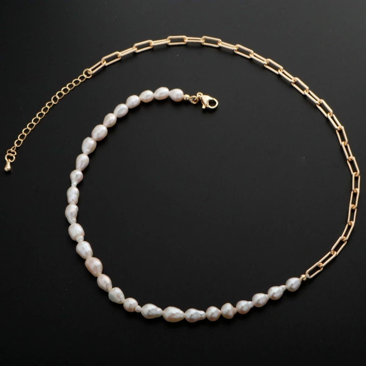 Freshwater Pearl Half Chain Necklace Paper Clip Link | 18k Filled