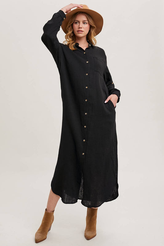 Blair Button up Maxi Dress/Long Cardigan-Black