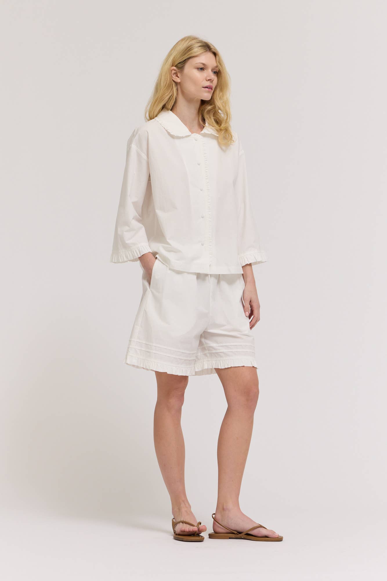 Dorinne 100% Cotton Button Up Ruffle Top