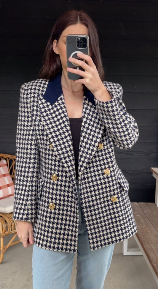 Vintage Navy & Ivory Houndstooth Blazer