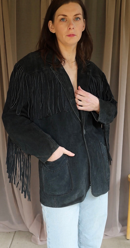 Vintage Black Genuine Leather Suede Fringe Jacket