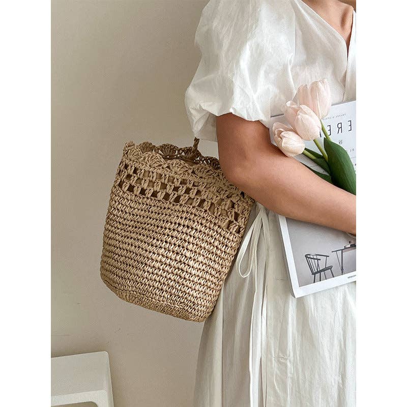 Provence Hollow Out Straw Woven Bucket Bag