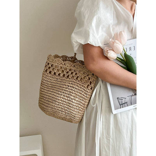Provence Hollow Out Straw Woven Bucket Bag Purse
