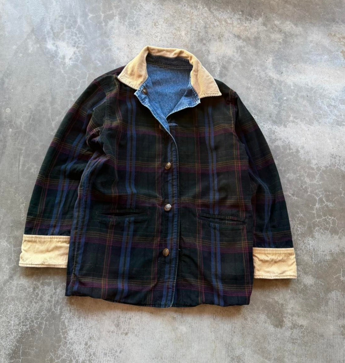 Vintage Reversible Denim Plaid & Corduroy Chore Jacket