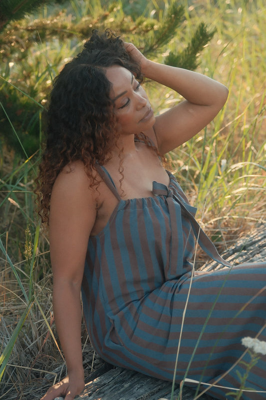 Marlow Striped Cotton/Linen Blend Midi Bow Dress