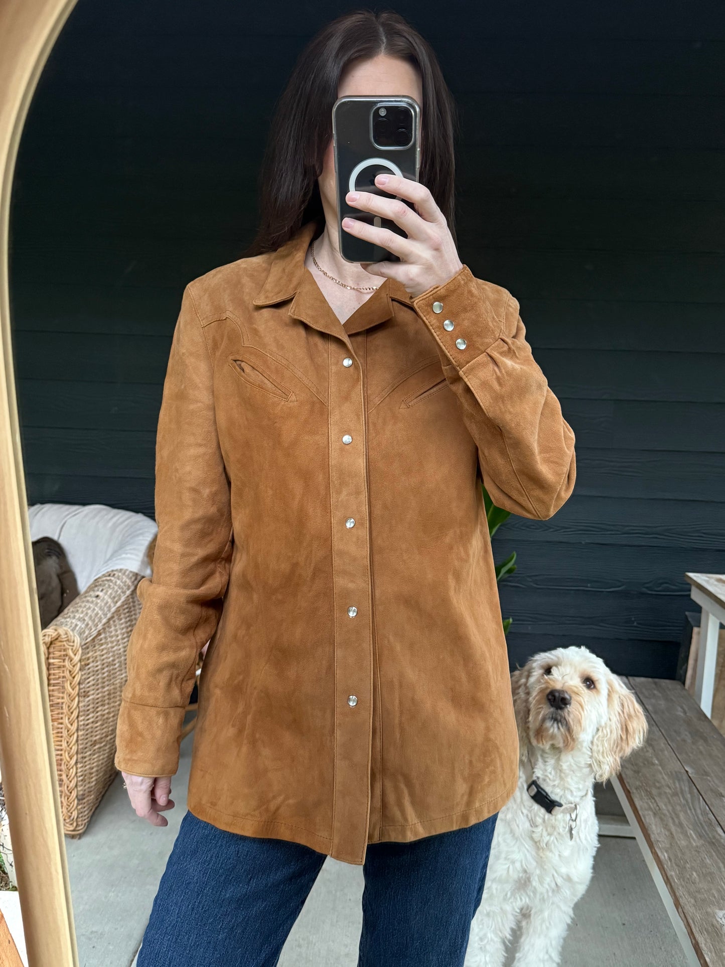 Vintage Suede Pearl Snap Button Shacket