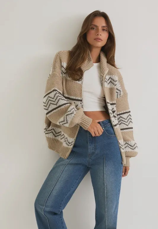 Fair Isle Collared Zip Up Sweater