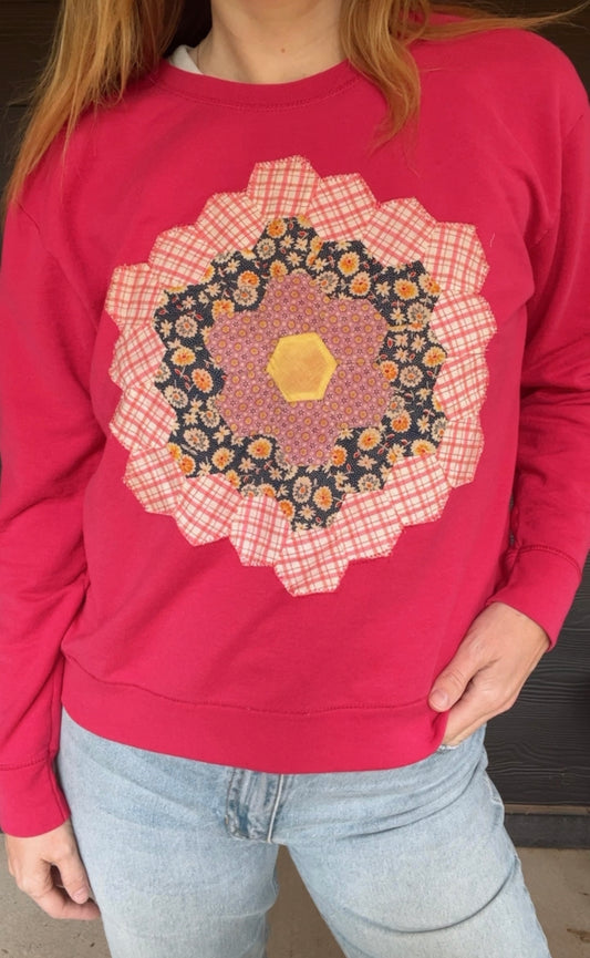 Grandmother Garden Quilt Crewneck- Fuschia