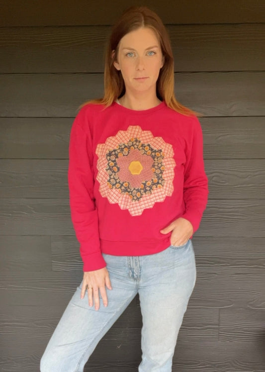 Grandmother Garden Quilt Crewneck- Fuschia