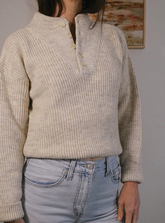 Vintage LL Bean Oatmeal Heathered Henley Sweater