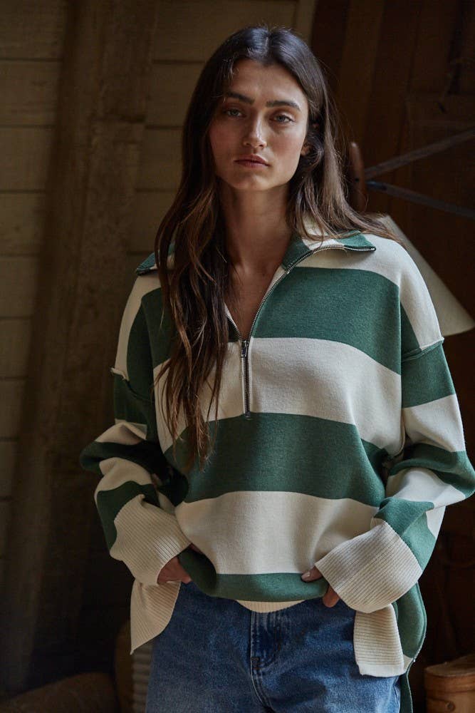 Forest Knit Striped Half Zip Up Top