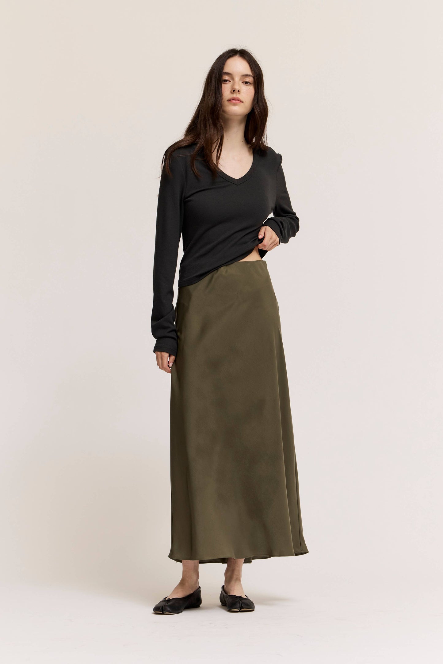 Dylan Sage Satin Flared Long Skirt