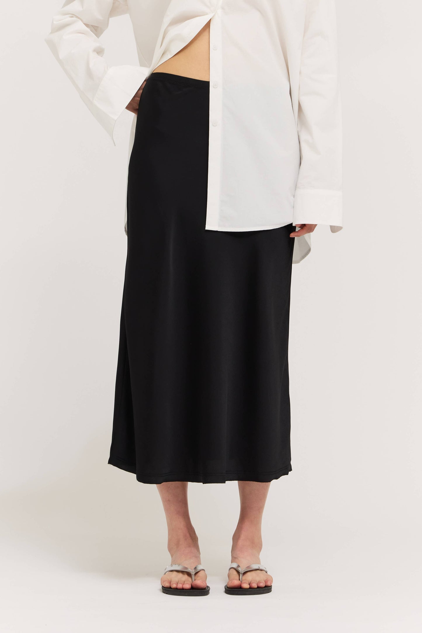 Onyx Satin Mermaid Fit Midi Skirt