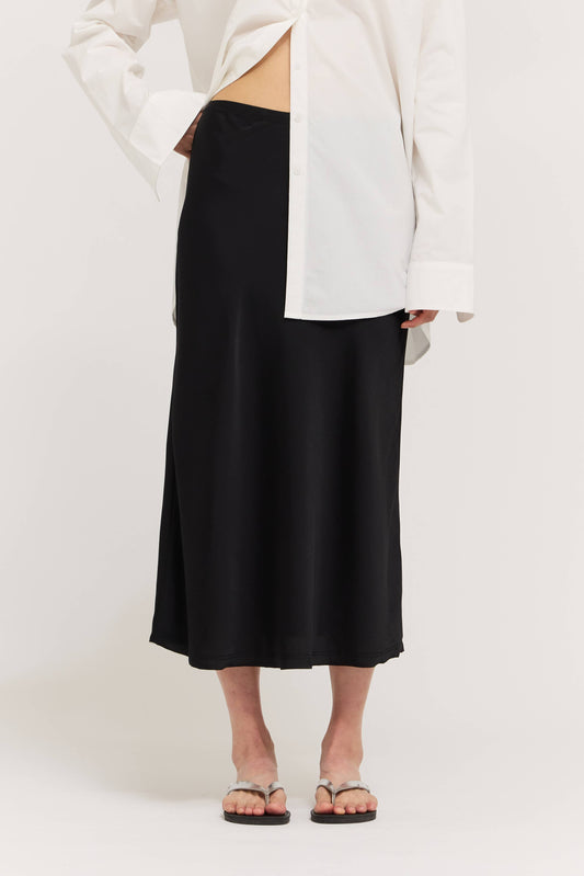 Onyx Satin Mermaid Fit Midi Skirt