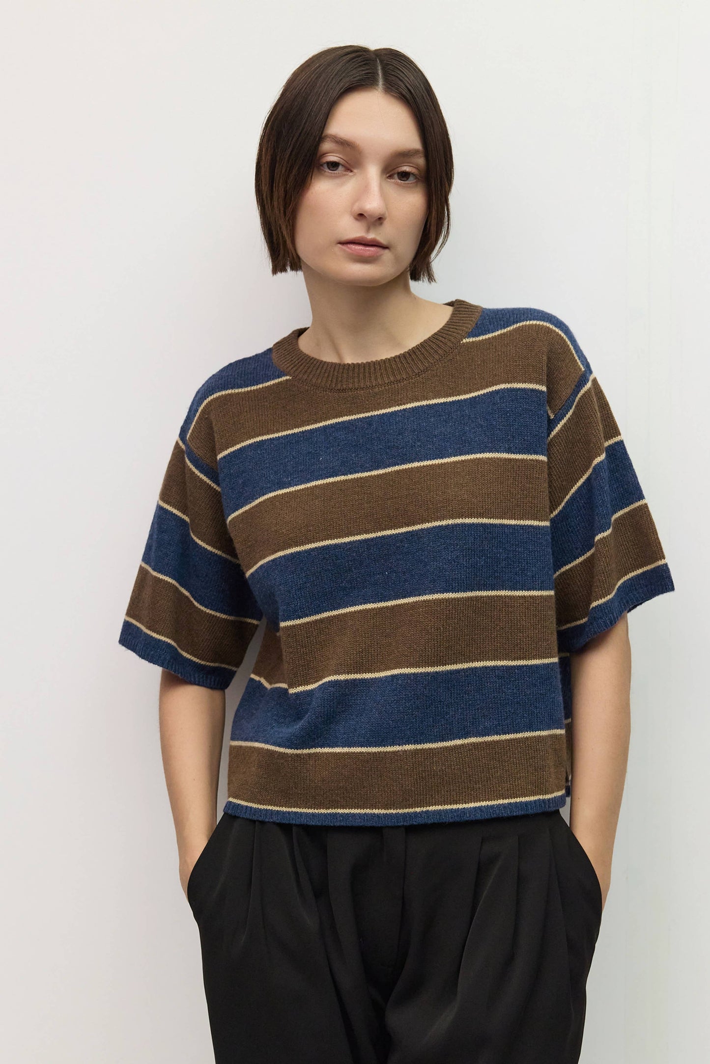 Pamina Striped Elbow Sleeve Sweater Top