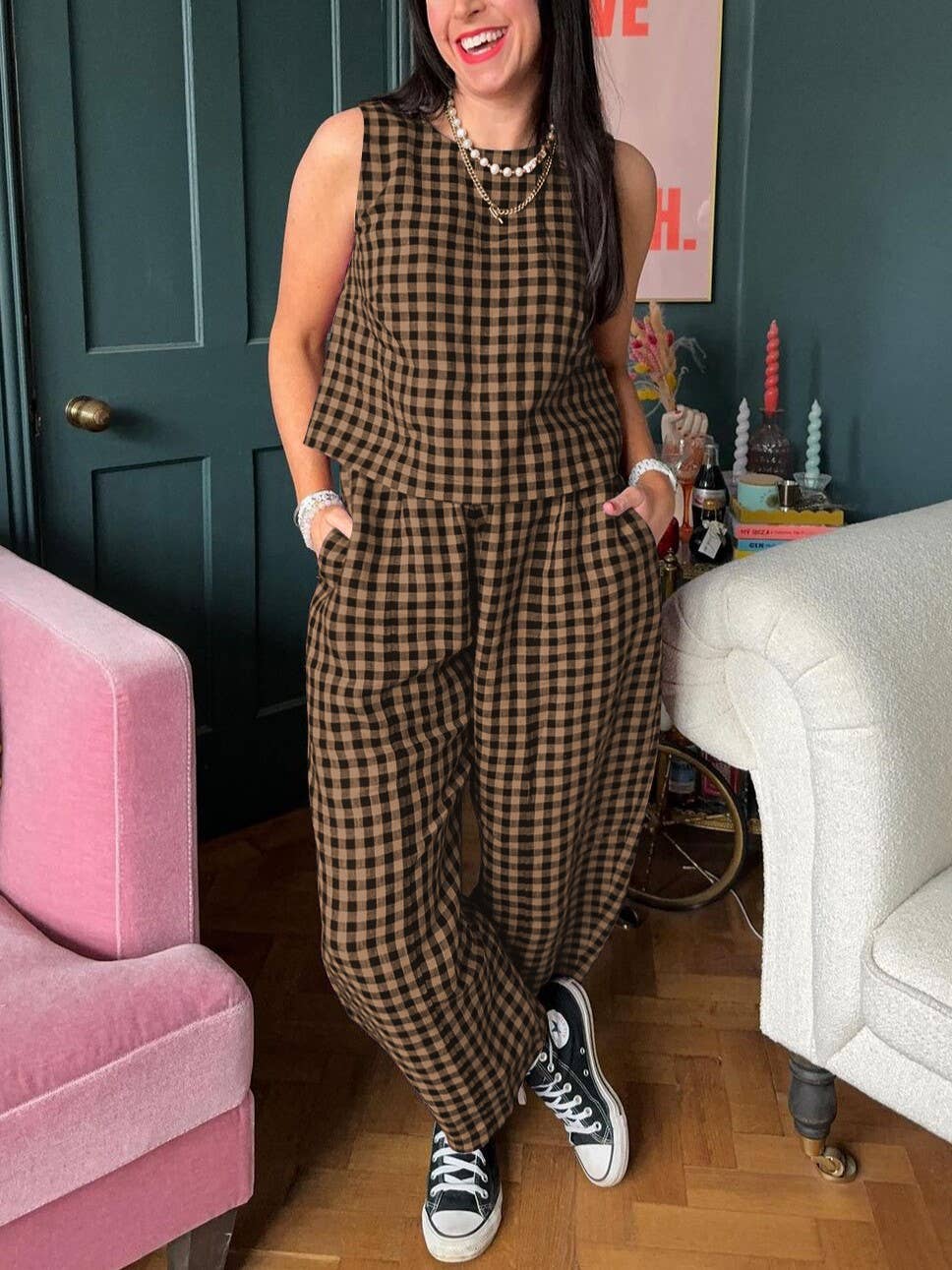 Gingham Tank Top & Wide Leg Pants Set