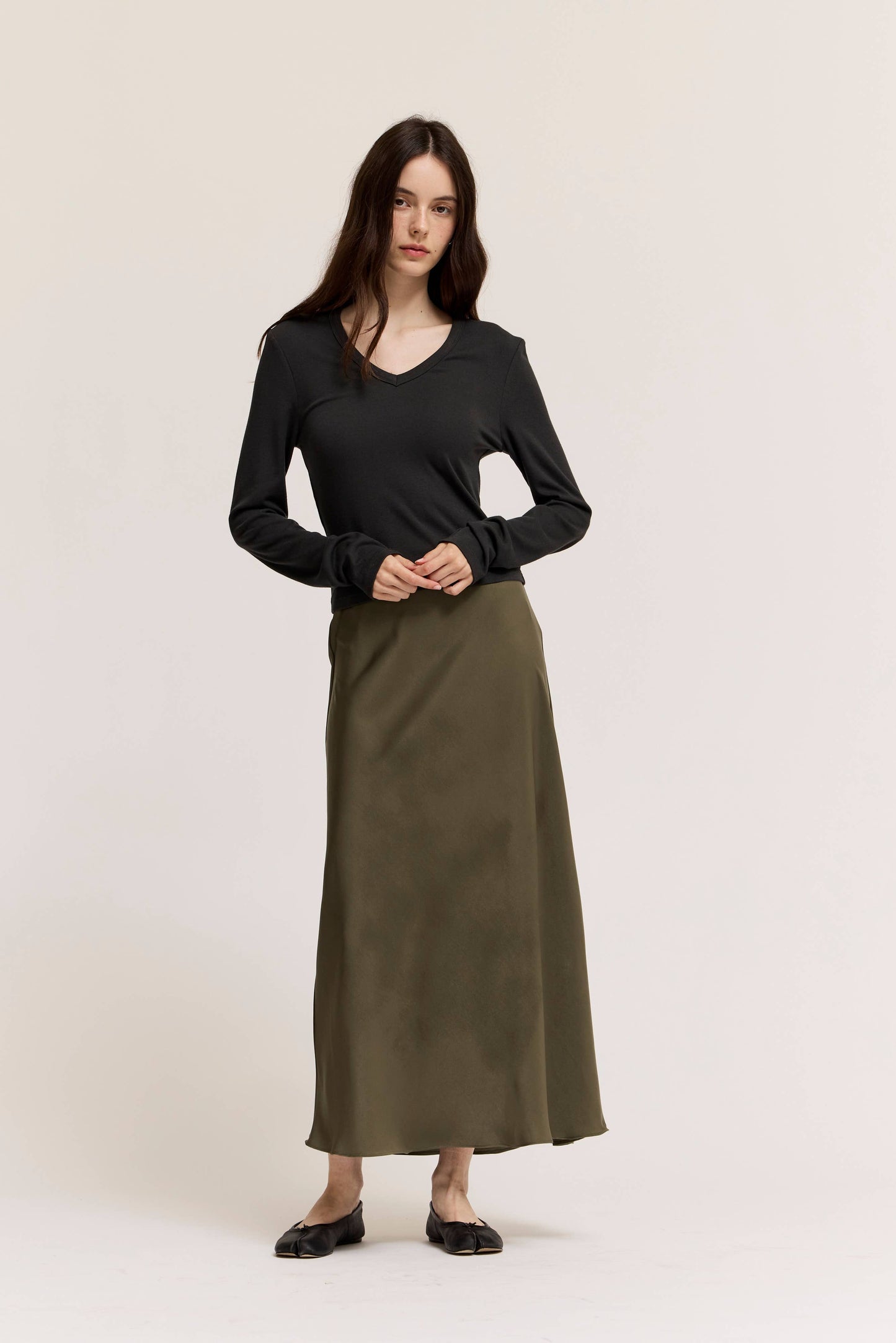 Dylan Sage Satin Flared Long Skirt