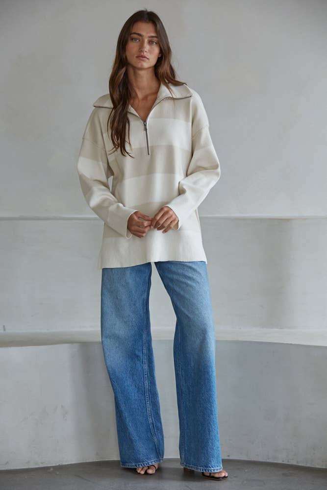Pearl Knit Striped Turtleneck Half Zip Up