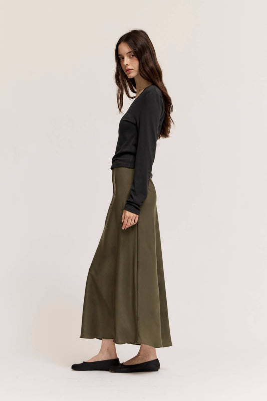 Dylan Sage Satin Flared Long Skirt