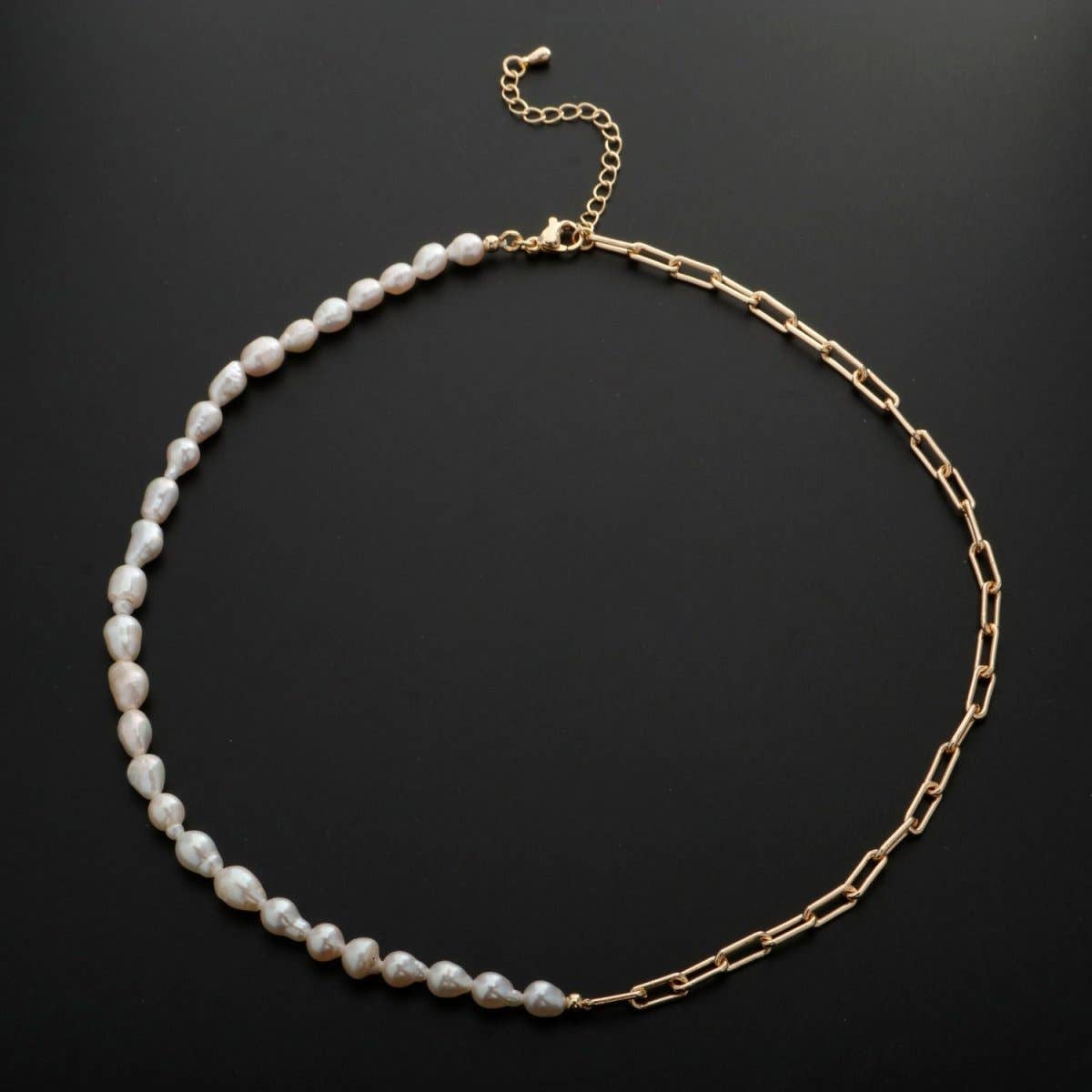 Freshwater Pearl Half Chain Necklace Paper Clip Link | 18k Filled