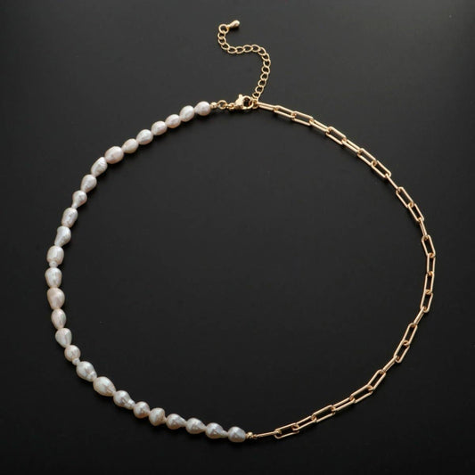 Freshwater Pearl Half Chain Necklace Paper Clip Link | 18k Filled