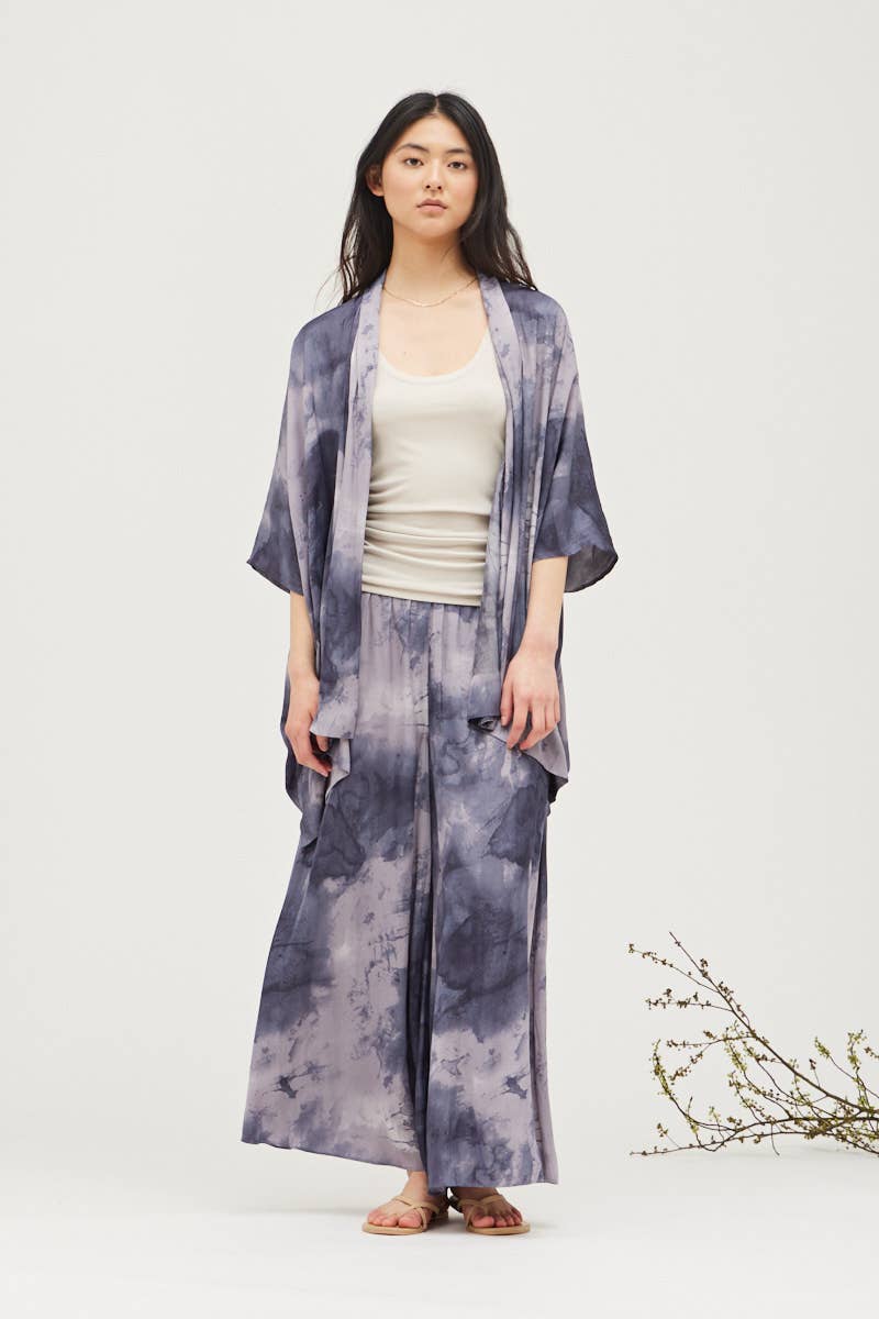 Tie Dye Satin Kimono - Smoke