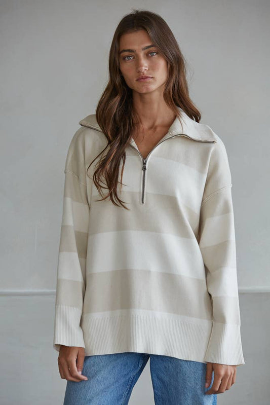 Pearl Knit Striped Turtleneck Half Zip Up