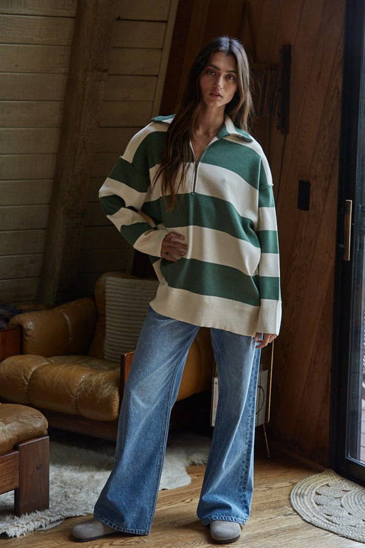 Forest Knit Striped Half Zip Up Top